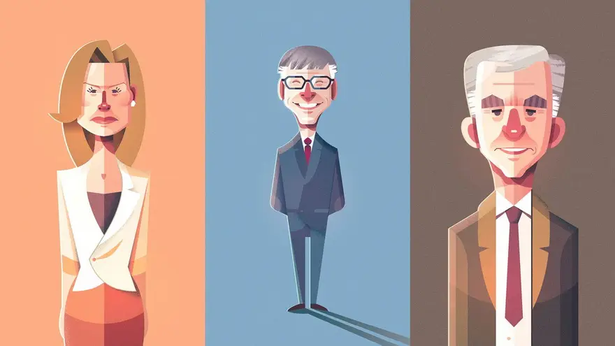 Ilustraciones de Alicia Koplovitz, Bill Gates y Bernard Arnault. Por Ricardo Polo