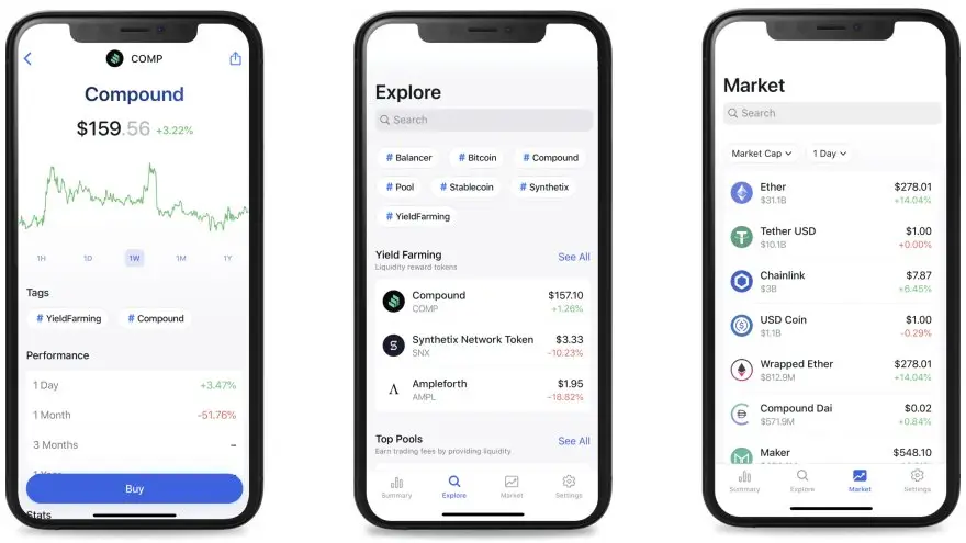 Zerion, al igual que Argent, ofrece una interfaz simple para usar todas las opciones de finanzas descentralizadas
