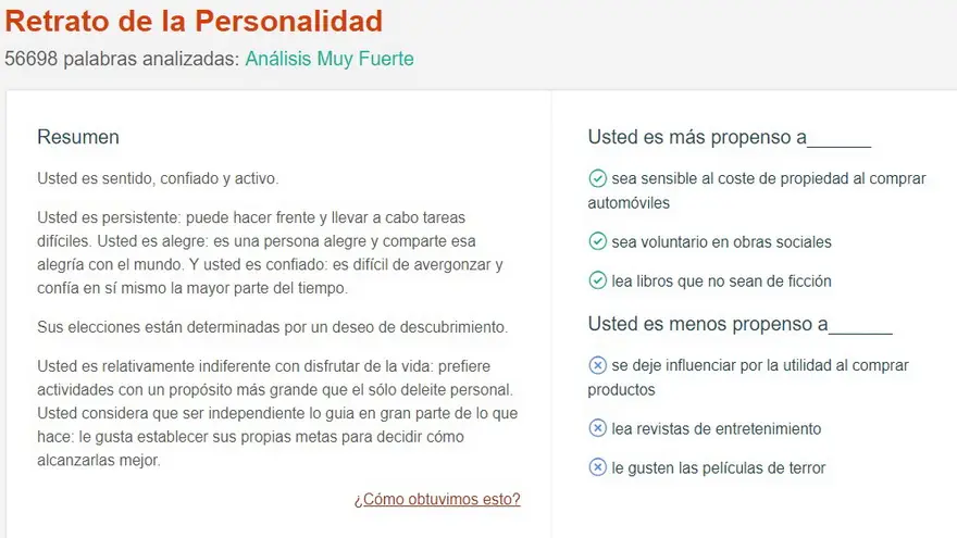 Así se visualizan los resultados que el sistema inteligente deduce de los tuits que enviás