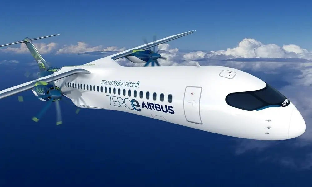 El turbohélice, por su parte, tiene capacidad para menos de 100 pasajeros. Cuenta con dos motores turbohélice híbridos de hidrógeno que moverían las hélices de seis palas y proporcionarían el empuje