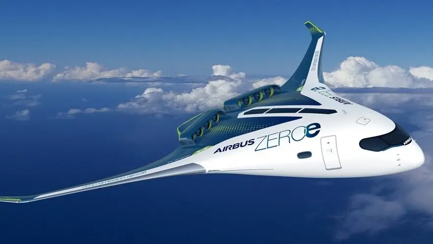 el Blended-Wing Body tendría unas especificaciones similares al turbofan. Contaría con dos motores turboventiladores híbridos de hidrógeno
