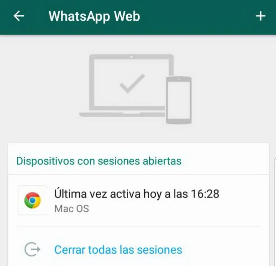 Captura del espacio de gestión de sesiones abiertas de WhatsApp Web