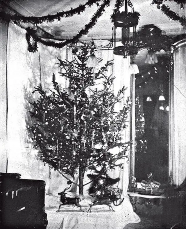 El árbol de Navidad tenía 80 bombillas de color rojo , blanco y azul del tamaño de nueces