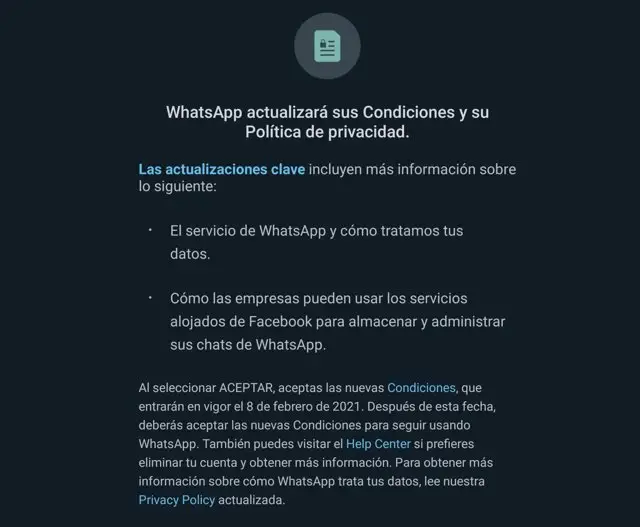 El pedido de autorización que aparece en Whatsapp; a partir de, en un principio febrero y ahora mayo, será obligatorio aceptarlo para seguir usando la aplicación