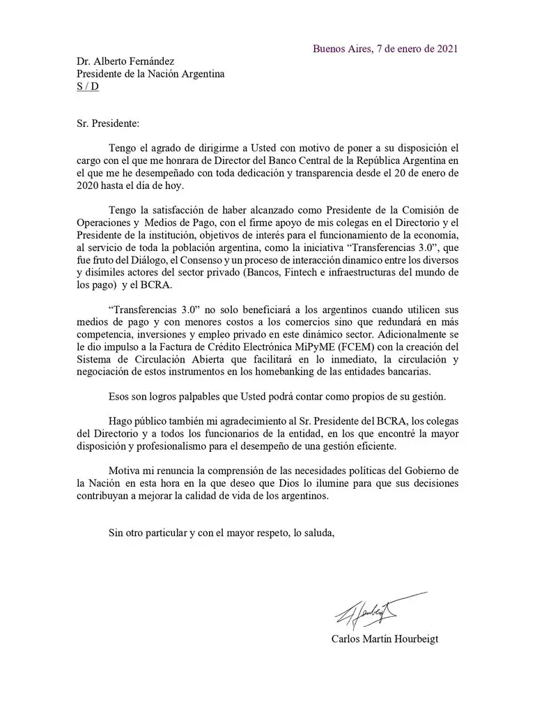 La carta que publicó Hourbeigt ayer.