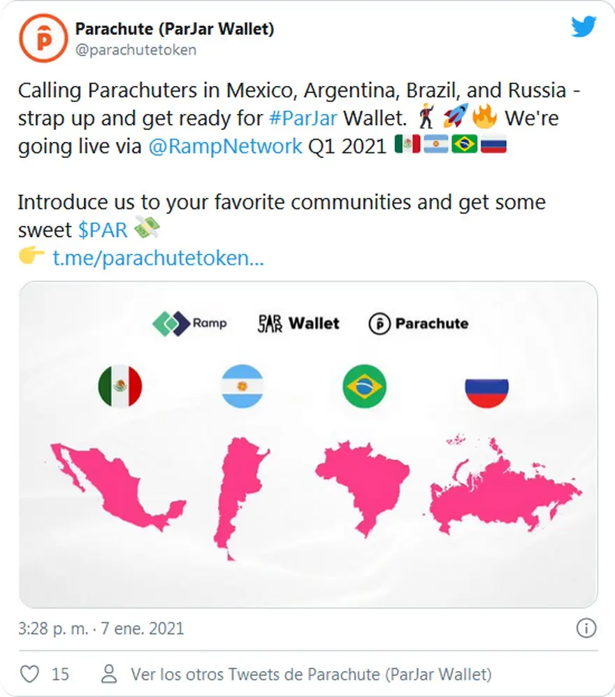 Tuit de Parachute invitando a la gente a sumarse a su billetera digital