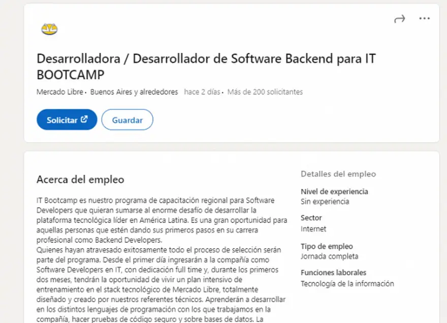 Publicación de Mercado Libre en LinkedIn