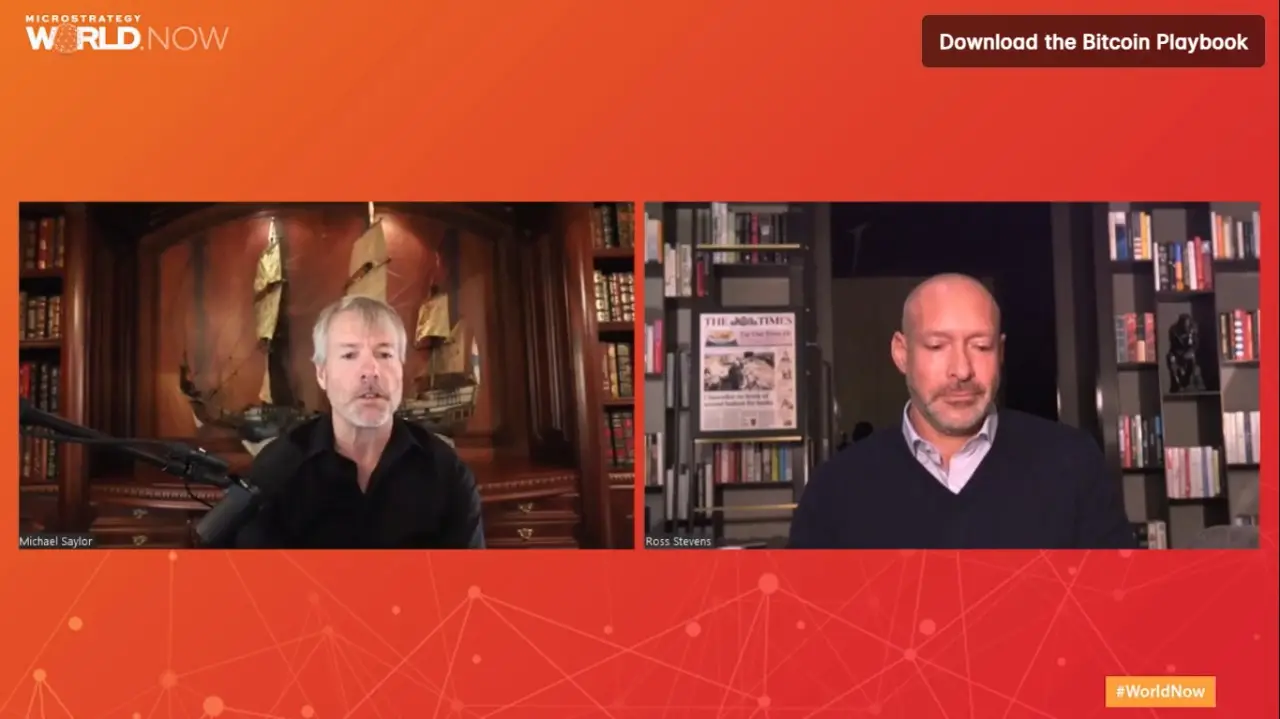 Michael Saylor (Izq.) y Ross Stevens debatieron sobre el pasado, el presente y el futuro de Bitcoin como alternativa financiera. Fuente: MicroStrategy.