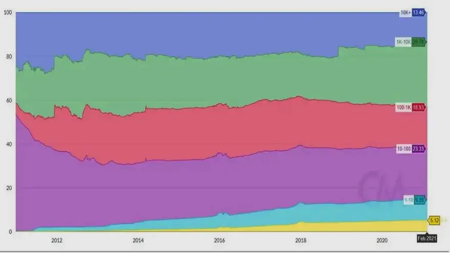 Está creciendo la inversión institucional en bitcoin. La banda amarilla son las direcciones con 0 a 1 BTC, la azul las que tienen 1 a 10 BTC, y así sucesivamente. Fuente: CoinMetrics.