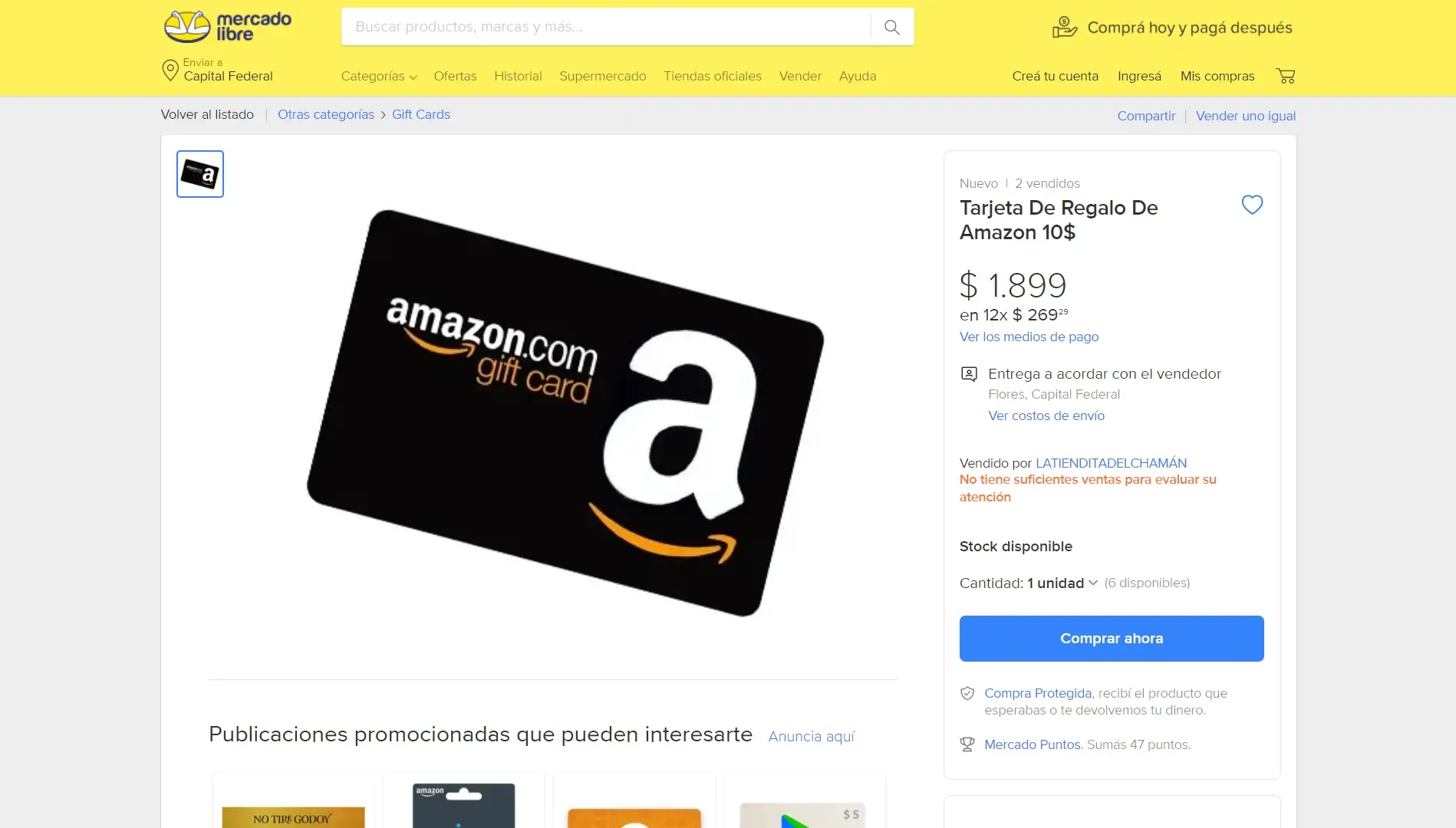 En Mercado Libre se ofrecen tarjetas de regalo para usar en Amazon sin ocupar el límite de u$s200 mensuales