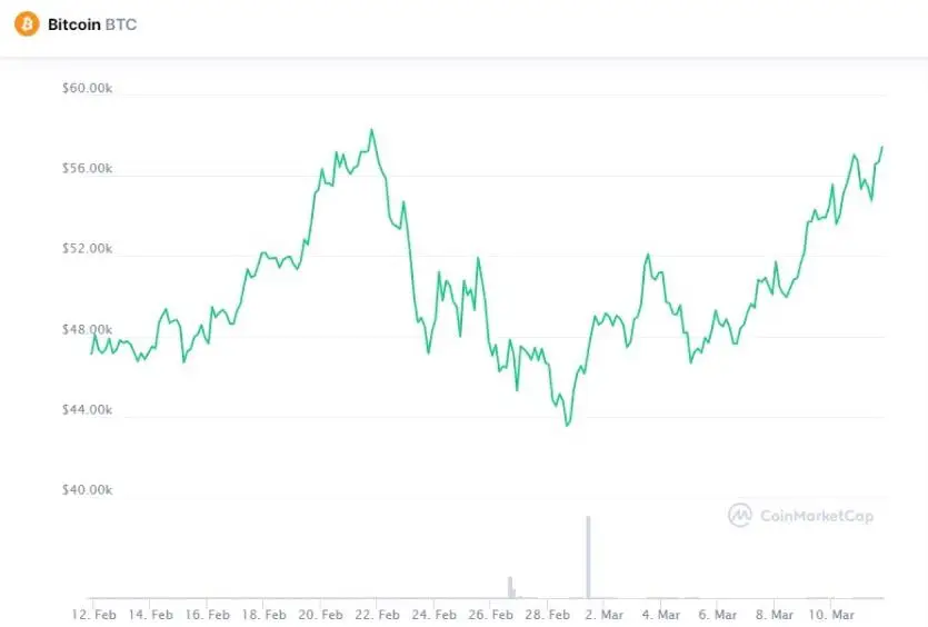 La variación del precio del Bitcoin en el último mes. Fuente: coinmarketcap.com