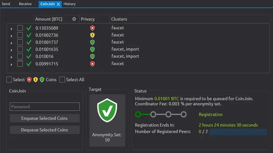 Captura de pantalla de la función CoinJoin de Wasabi Wallet. Fuente: WasabiWallet