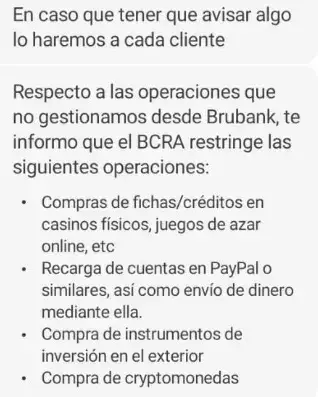 Brubank respondió que la limitación para comprar criptomonedas no es decisión de ellos sino del Banco Central de Argentina. Fuente: Chat de soporte al cliente – Brubank
