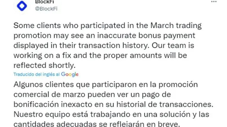 Comunicación de Blockfi en Twitter