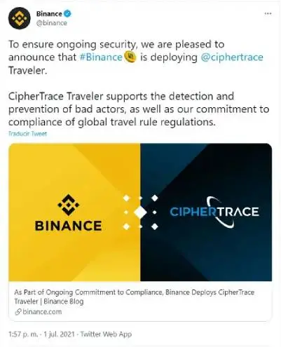 Binance dio a conocer en Twitter la implementación de una nueva política de prevención de delitos en su plataforma