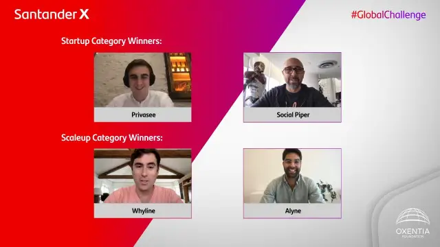 Social Piper, Privasee, Whyline y Alyne, las cuatro ganadoras de los En las últimas semanas, un grupo de expertos internacionales ha evaluado las soluciones emprendedoras participantes y seleccionado 20 startups y scaleups finalistas que el pasado 6 de julio presentaron sus proyectos frente a un jurado internacional formado por líderes en el ámbito de la pequeña y mediana empresa, el emprendimiento, la innovación y la inversión. Una semana más tarde se ha hecho público su veredicto en un evento retransmitido por streaming en la página web del Banco Santander.