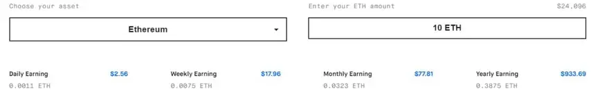Recompensas calculadas para hacer staking de Ether. Fuente: Staking Rewards