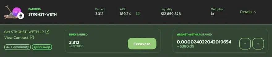 Recompensas para los depósitos de tokens de proveedor de liquidez en el par STKGHST-WETH en DinoSwap. Fuente: DinoSwap