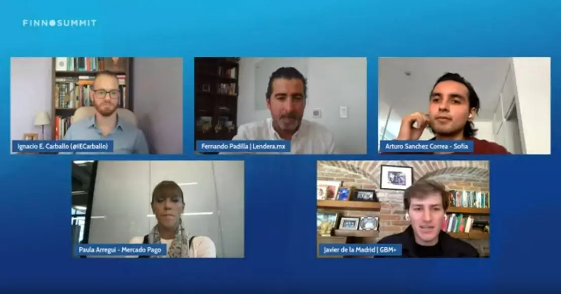 Ignacio Carballo (Director Ecosistema Fintech para LatAm de UCA), quien además ofició de moderador, María Paula Arregui (Senior VP de Mercado Pago), Fernando Padilla (CEO de Lendera), Javier de la Madrid (Head of GBM+) y Arturo Sánchez (CEO de Sofía)