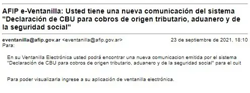 Este es un ejemplo de un mail que envía la AFIP indicando entrar a la notificación con clave fiscal