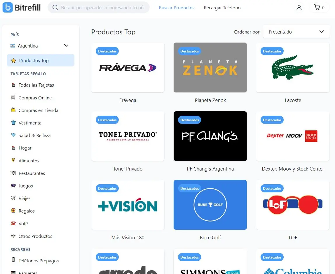 Algunas de las opciones disponibles en Bitrefill