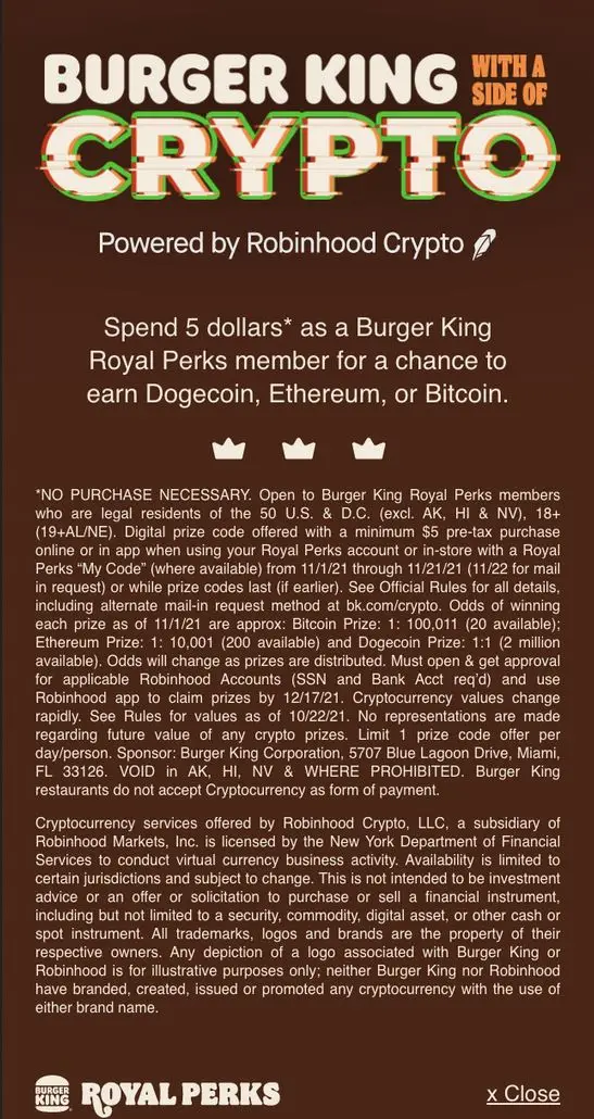 Las reglas para participar del programa de premios de Burger King y ganar criptomonedas