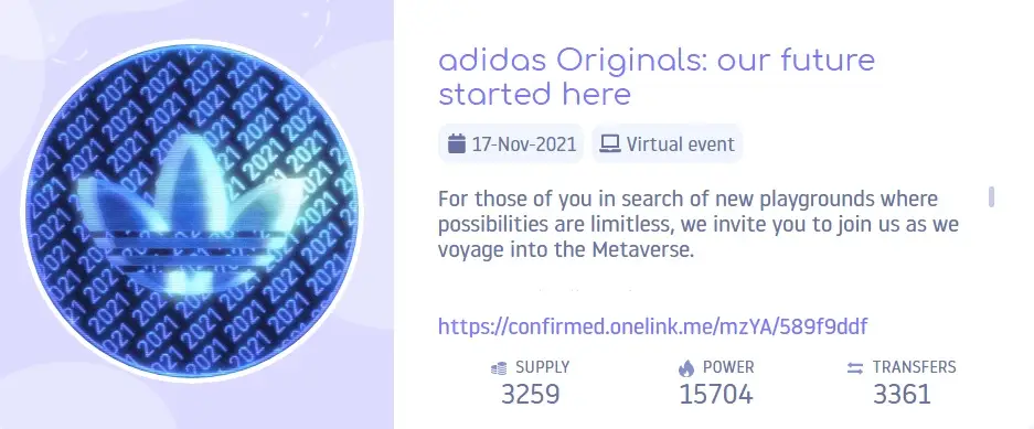 El NFT lanzado por Adidas, confirmando su ingreso al metaveso