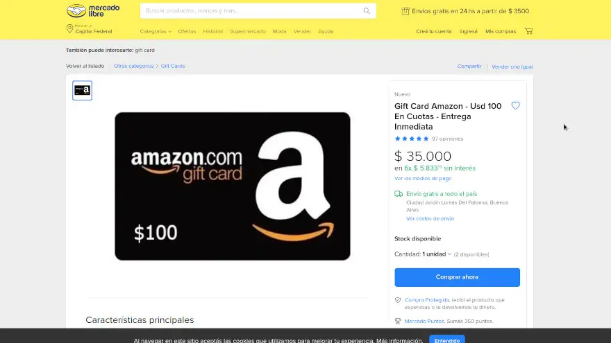 Comprando giftcards de Amazon se accede a un dólar de 350 pesos en Mercado Libre