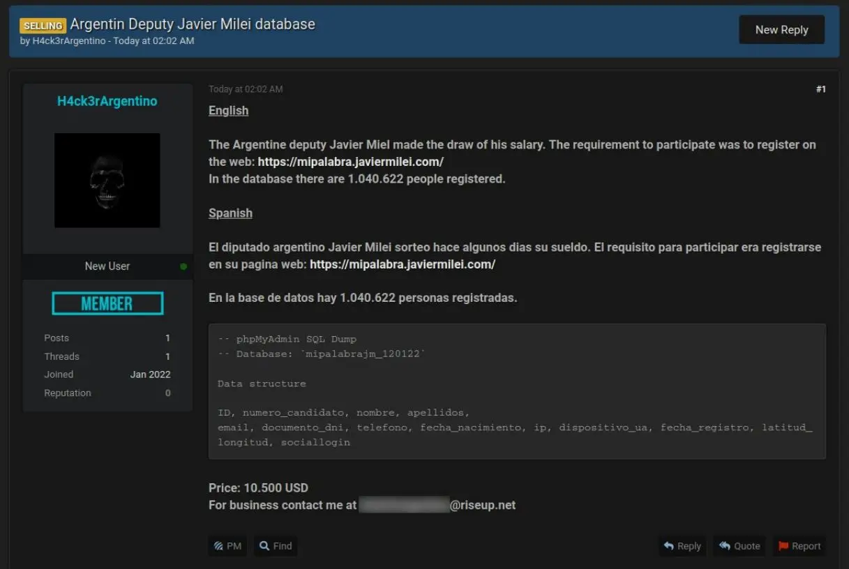 La publicación del supuesto ciberdelincuente