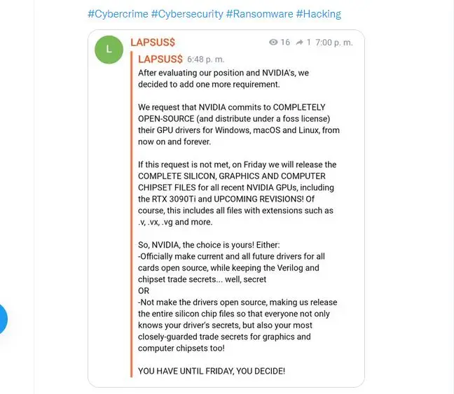 El comunicado compartido por LAPSUS$