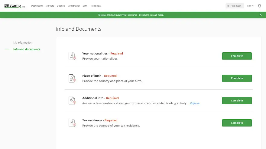 Información y documentos requeridos por Bitstamp. Fuente: Bitstamp