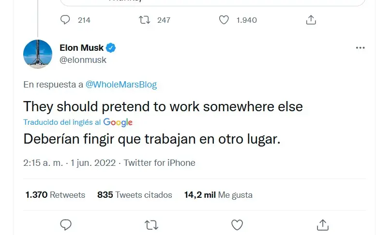 La respuesta de Elon Musk a un usuario en Twitter