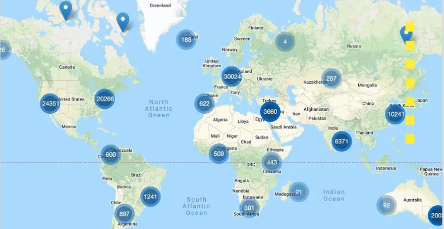 Mapa con myor densidad de startups por país