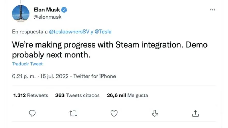 Mensaje de Elon Musk en Twitter sobre la integración con Steam