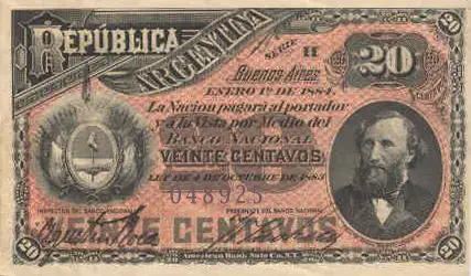 Billete de 20 centavos del Peso Moneda Nacional con la imagén de Bartolomé Mitre