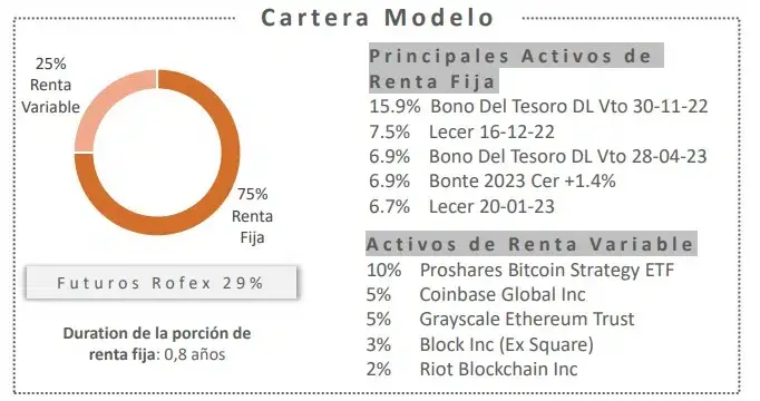 El fondo FIMA Mix II incluye activos de renta fija y variable en su composición. Fuente: Banco Galicia.