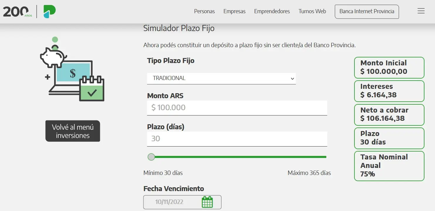 El rendimiento de un plazo fijo tradicional en Banco Provincia