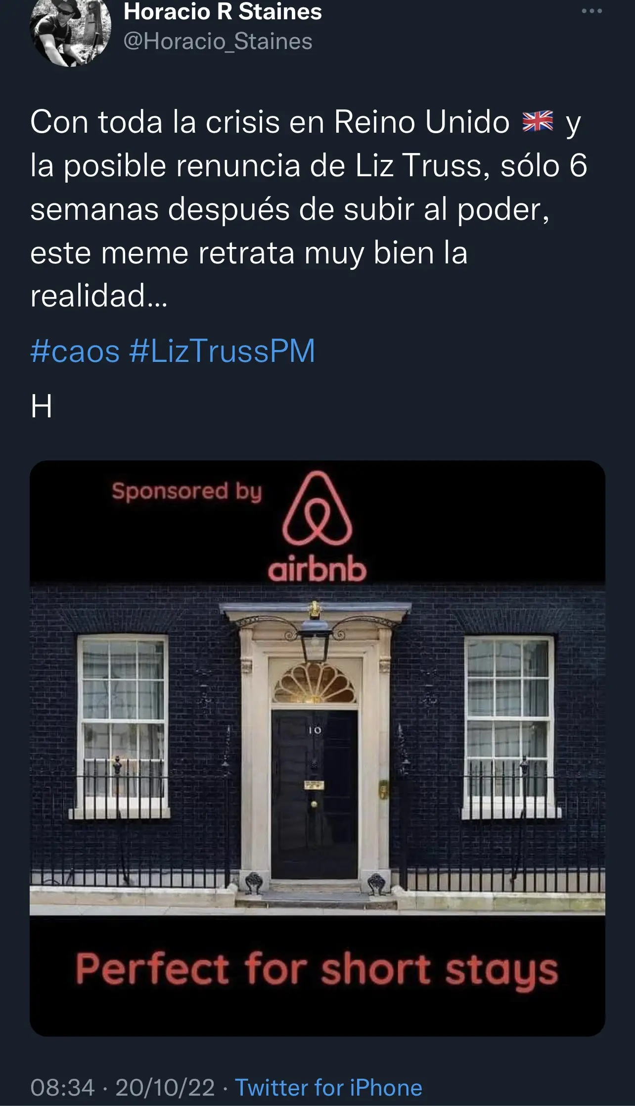 El usuario comparó a la casa de la primer ministra con Airbnb.