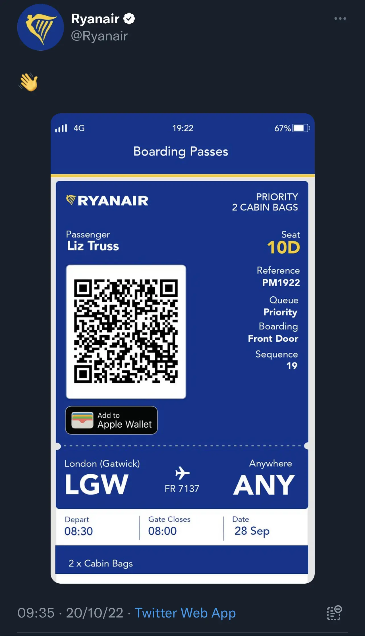 Ryanair se sumó a la ola de los memes tras la salida de Liz Truss.
