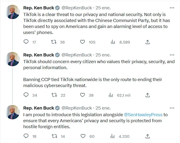 El mensaje del el legislador Buck en su cuenta de Twitter