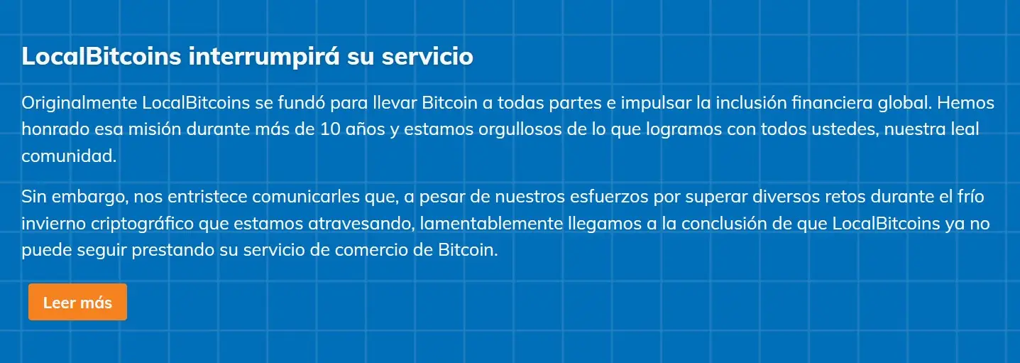 LocalBitcoins, exchange especializado en comercio de persona a persona (P2P), confirmó que cierra sus puertas