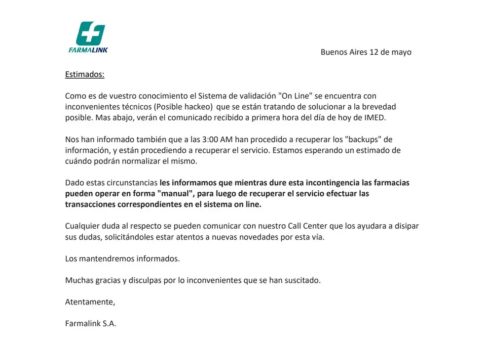 El comunicado de Farmalink
