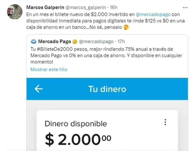 El dueño de Mercado Libre, Marcos Galperin, recomendó a sus usuarios invertir el nuevo billete de $2.000 en el Fondo Común de Inversión de Mercado Pago
