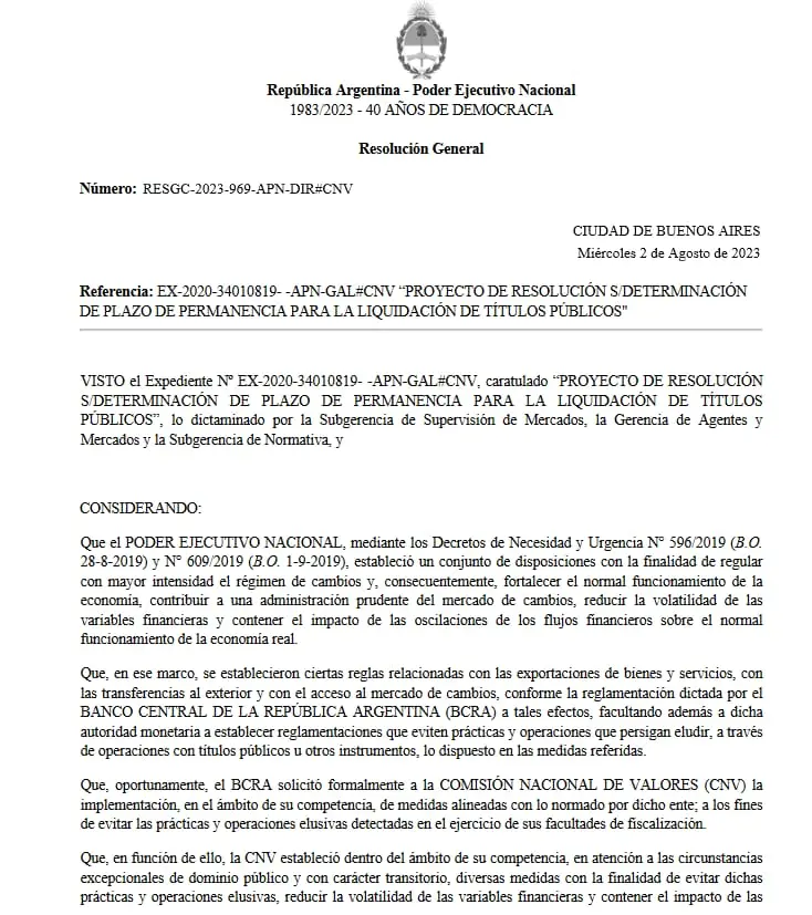 PROYECTO DE RESOLUCIÓN S/DETERMINACIÓN DE PLAZO DE PERMANENCIA PARA LA LIQUIDACIÓN DE TÍTULOS PÚBLICOS
