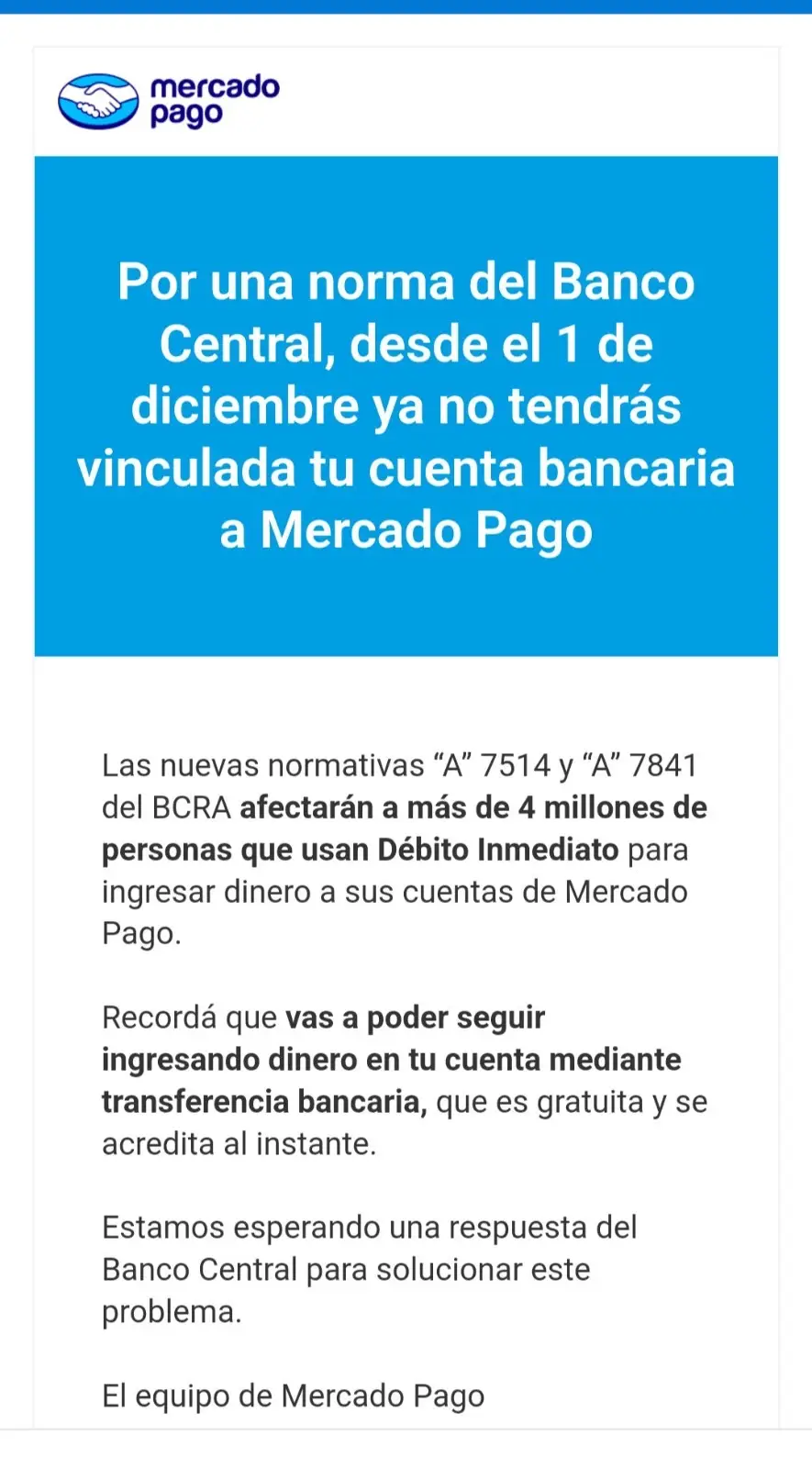 El El comunicado enviado por Mercado Pago a sus clientes