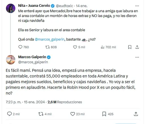La respuesta de Galperin a una usuaria de X que lo trató de 