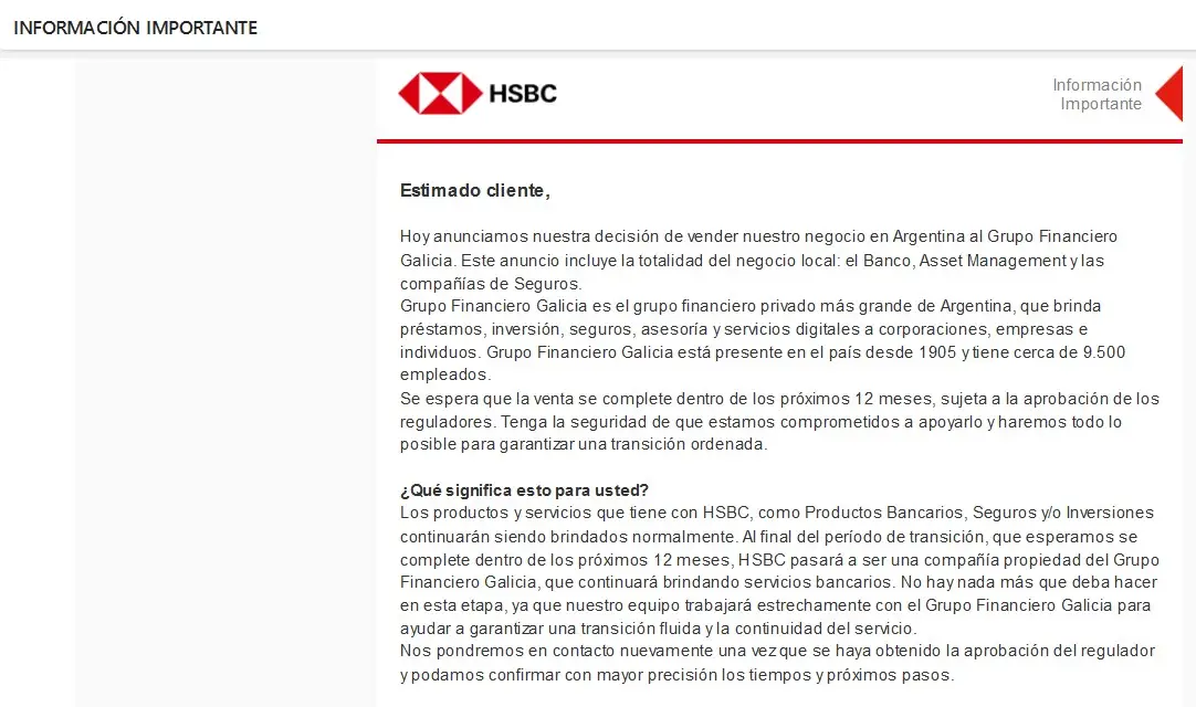 El comunicado enviado por HSBC a sus clientes