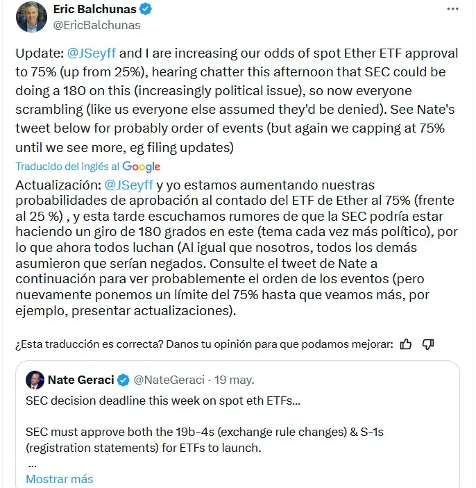 El tuit de Eric Balchunas que impulsó el precio de ETH