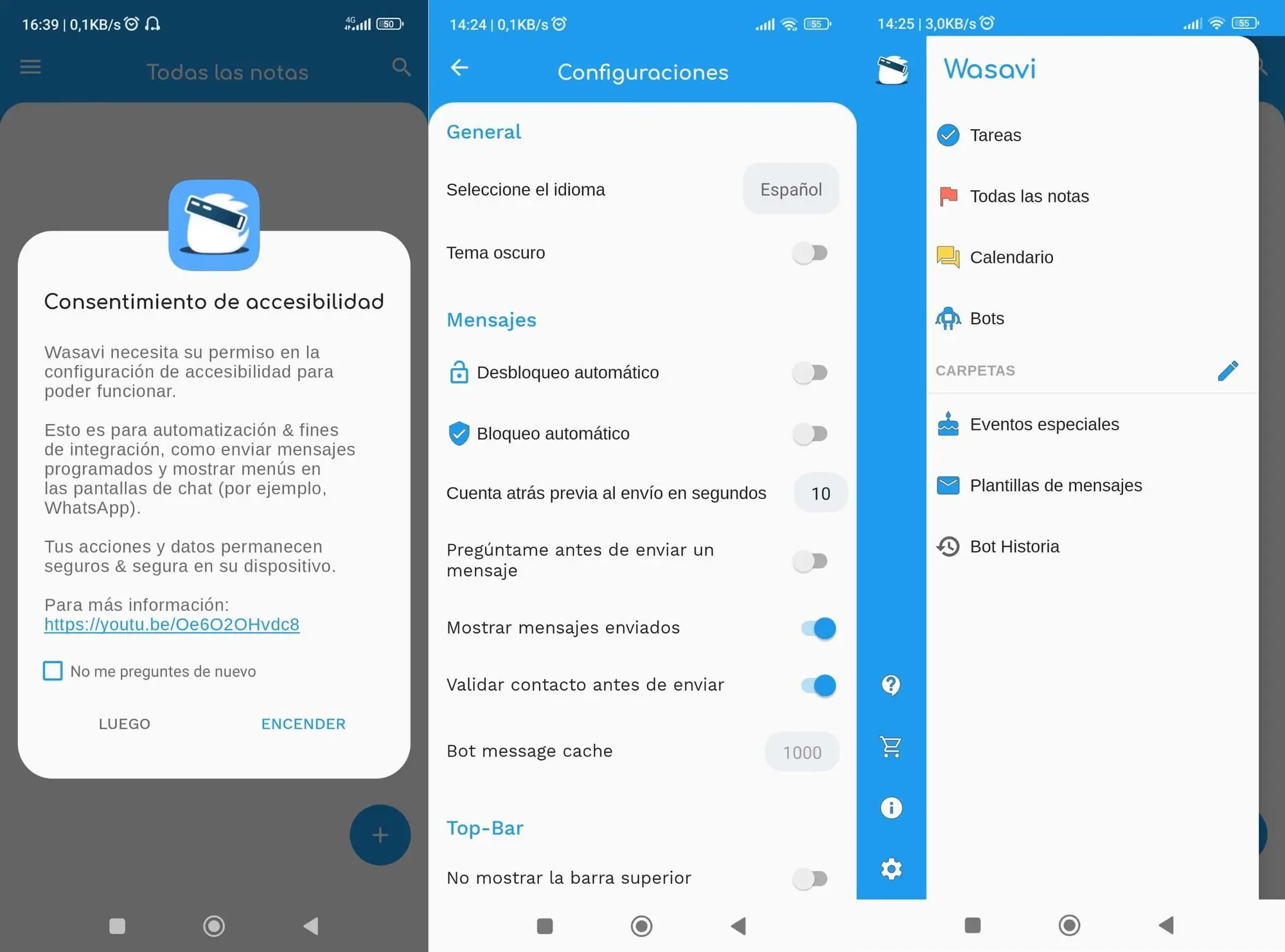 Wasavi solicita permisos necesarios para funcionar, como acceso a WhatsApp y a la lista de contactos