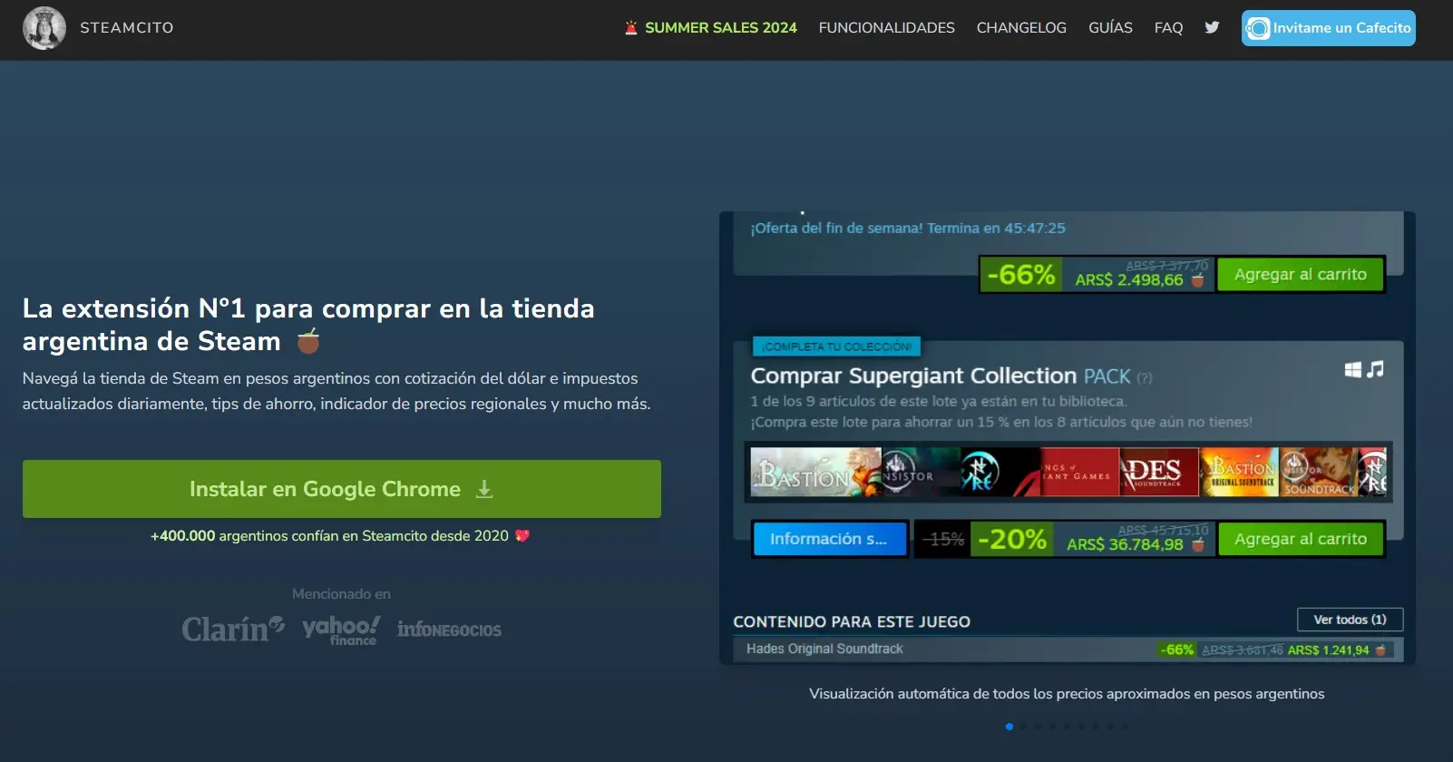 Página principal de la web de Steamcito, la extensión para comprar en la tienda argentina de Steam